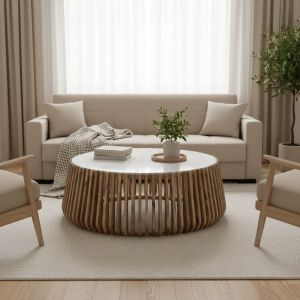 Mable coffee table made of mango wood in natural color and marble surface D120x45cm