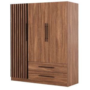 Wardrobe with 3 doors and 2 drawers Harry HM18390.01, melamine in natural wood and black, 150X55X180 cm