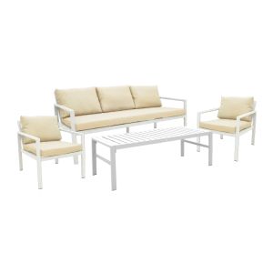 Градински сет Gardenly I, 4 части, алуминий, бял цвят, със сиво-бежови възглавници