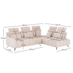Right corner 5-seater sofa Myron SM3318.02R ecru fabric 290X110-225X110H
