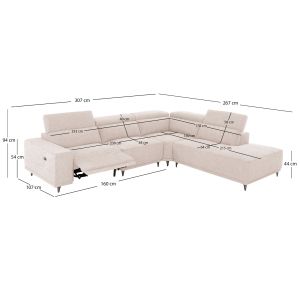 Right corner 5-seater sofa with adjustable backrest Lunaris SM3316.02R, ecru fabric, 307X267X94V