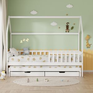 Детско легло с матраци и чекмеджета Phyllis HM21323.03 борова дървесина в бяло 206X97X166ВСМ.