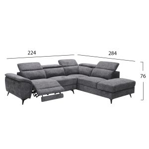 RIGHT CORNER SOFA - WITH EXTENDING HEADREST AND STORAGE SPACE RESTRO FB93339.01R GREY FABRIC 284X224X76CM.