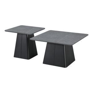 Set of 2 square coffee tables with metal base made of black sintered stone in gray marble color