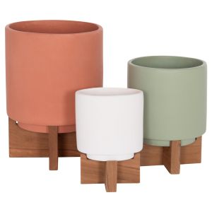 Set of 3 pots/vases with teak bases Tanti HM4685 fiber cement in 3 colors