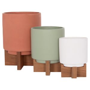 Set of 3 pots/vases with teak bases Tanti HM4685 fiber cement in 3 colors