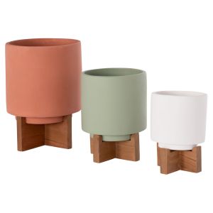 Set of 3 pots/vases with teak bases Tanti HM4685 fiber cement in 3 colors