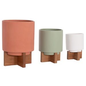 Set of 3 pots/vases with teak bases Tanti HM4685 fiber cement in 3 colors