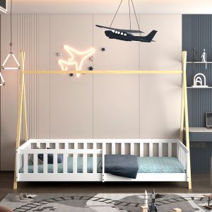 Легло с парапети Munk HM21325 борова дървесина в естествено дърво/бял цвят - с матрак 90X190СМ