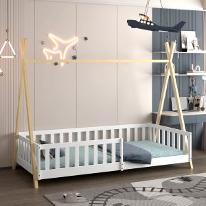 Легло с парапети Munk HM21325 борова дървесина в естествено дърво/бял цвят - с матрак 90X190СМ