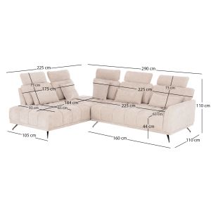 Left corner 5-seater sofa Myron SM3318.02L ecru fabric 290X110-225X110H