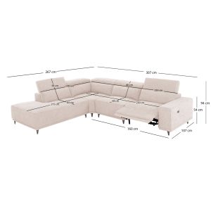 Left corner 5-seater sofa with adjustable backrest Lunaris SM3316.02L ecru fabric 307X267X94V