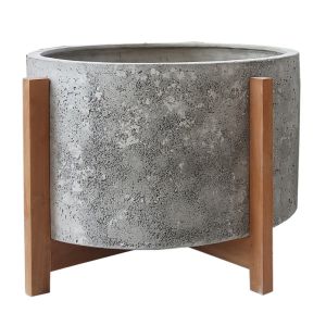 Саксия Hoff HM4682.03L от фиброцимент в сиво - основа от тиково дърво Φ50X35HCM