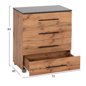 Chest of drawers with 4 drawers Carys HM745.12 melamine in natural/gray color 75X40X83 cm.