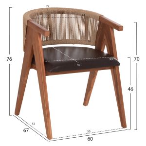 Трапезен стол Brann HM18238.11 тиково дърво-въже-кафяв Pu 60X67X76ВСМ.