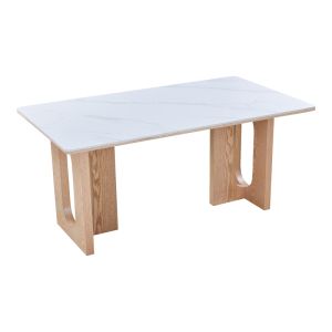 Dining table Benqui sintered stone-MDF in marble white color - base in natural color 160x90x75cm