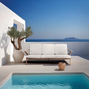 Three-seater garden sofa with cushions Dahlia solid teak in natural color with cream cushions 190X76X82CM