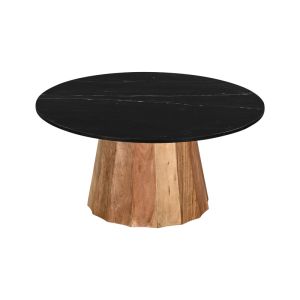 Coffee table Ezerdian solid acacia wood in natural color and black marble top Diameter 90x45 cm