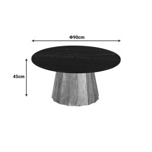 Coffee table Ezerdian solid acacia wood in natural color and black marble top Diameter 90x45 cm