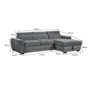 Dreamora corner sofa bed left with storage, anthracite, fabric, 270x167x82cm