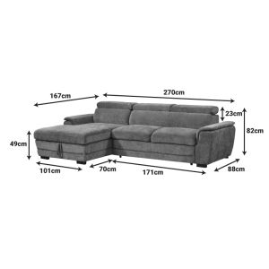 Dreamora corner sofa bed with storage, black fabric, 270x167x82cm