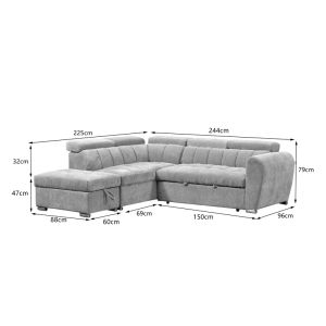 Corner sofa bed right corner Nuvora with storage space beige fabric 244x225x79cm