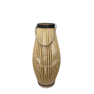 Bamboo lantern natural brown/black oval with rope handle and glass for candle - Φ24X55CM 12/KIB