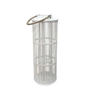 White bamboo woven lantern cylindrical "cage" type with rope handle and candle glass - Φ24X66CM 8/KIB