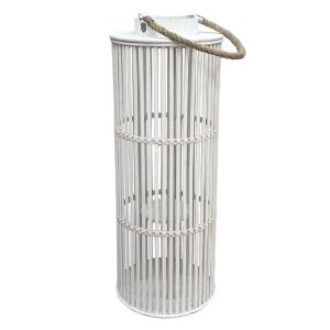 White bamboo woven lantern cylindrical "cage" type with rope handle and glass for candle - Φ28X77CM 6/KIB