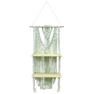 Decorative macrame wall shelf on 2 levels cream cotton thread on wood with fringe - 45X120CM 60/KIB