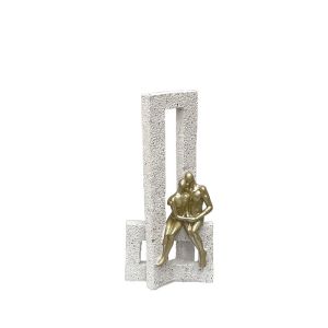 Decorative polyresin statuette cream/gold - couple in a rectangle - stone texture - 9.5X5X20CM 48/KIB