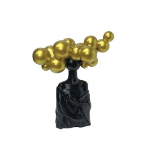 Decorative polyresin statuette black/gold girl with long hair in pompoms - 22X12X27CM 12/KIB