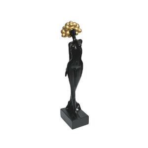 Decorative polyresin statuette black/gold girl standing with golden hair on pompoms - 8X6X31CM 24/KIB