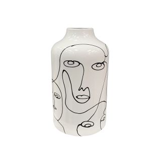 Ceramic vase white/black cylindrical - minimalist design with faces - Φ15.5X27.5CM 12/KIB