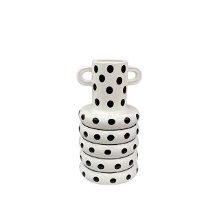 Ceramic vase with black and white polka dot rings and small handles on the neck - 21.5X10.5CM 36/KIB
