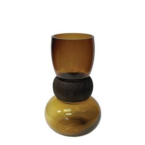 Amber/brown curved glass vase with wooden ring in the middle - Φ16X26CM 12/KIB