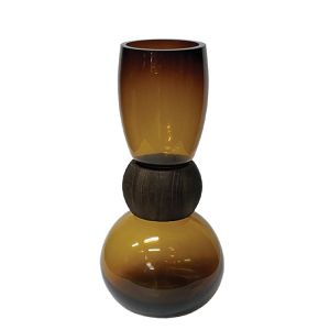 Amber/brown curved glass vase with wooden ring in the middle - Φ16X33CM 12/KIB