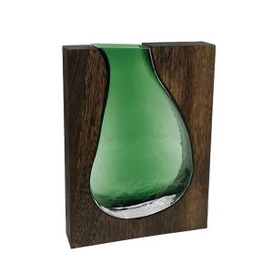 Glass vase green/brown in wooden rectangular frame/base - 22X5X29CM 12/KIB