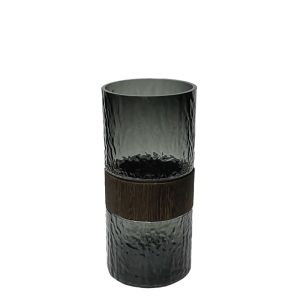 Glass vase black/brown straight with wooden ring in the middle - Φ11X25CM 24/KIB