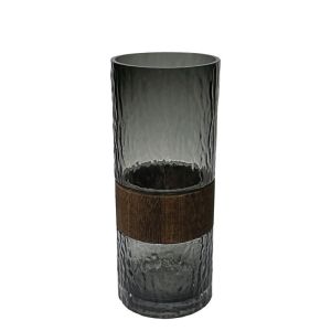 Glass vase black/brown straight with wooden ring in the middle - Φ11X30CM 15/KIB