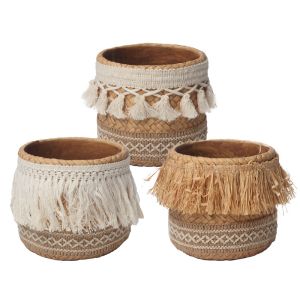 Cement flower pot (3 assorted designs) brown texture with fringes - Φ13.5X12.8CM 3/12BOX