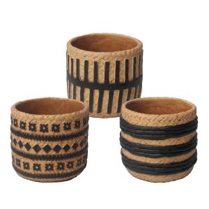 Cement flower pot (3 assorted designs) brown patterns with lines and geometric elements - Φ13.5X12.8CM 3/12BOX