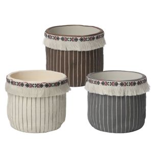 Cement flower pot (3 assorted designs) cream-brown-gray with lines and fringes - Φ14X12.3CM 3/12BOX