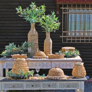 Natural brown bamboo lantern cone-shaped with handle and glass for candle - Φ31X31/44CM 8/KIB