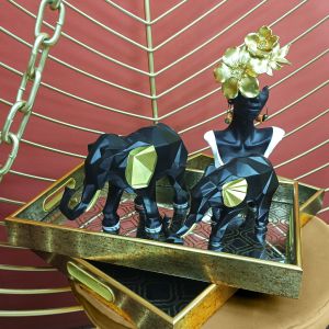Elephant figurines set of 2 black with gold ears polygonal - L:26X8X16, S:23X7X11CM 12/KIB