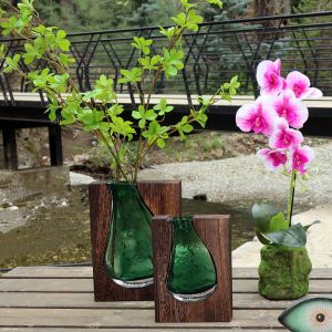 Glass vase green/brown in wooden rectangular frame/base - 18X5X24CM 18/KIB