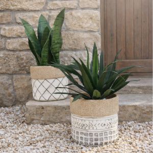 Cement flower pot (2 assorted designs) beige embossed geometric elements - Φ17X15CM 2/8BOX