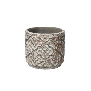 Cement flower pot (3 assorted designs) beige embossed motif - Φ14X12.3CM 3/12BOX