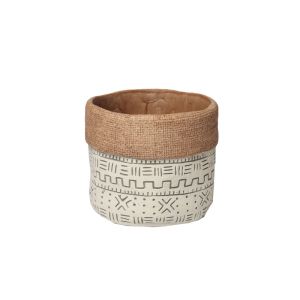 Cement flower pot (3 assorted designs) beige embossed geometric elements - Φ14X12.3CM 3/12BOX
