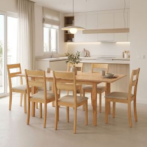 Комплект маса и столове Dallan Country 7 части в естествен нюанс каучуково дърво 120-150x80x74см